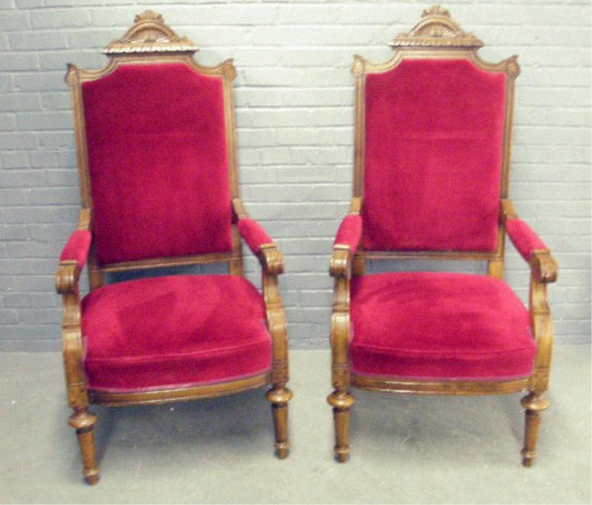 Pair Victorian Style Altar Chairs: Pair Victorian style altar chairs, walnut, shell carved crests, hgt 51 1/4".
