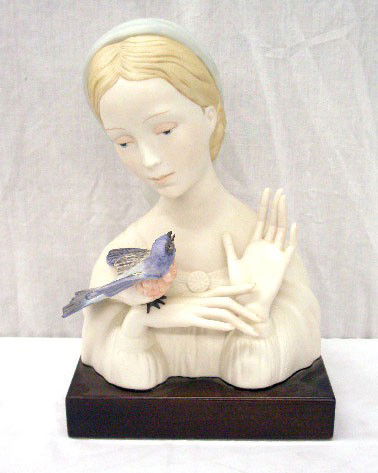 Cybis Madonna w/Blue Jay Bust: Cybis porcelain 10 1/2" Madonna w/blue jay bust sculpture, mounted on wood base, overall size 11 1/2"