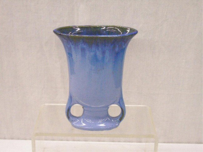 Fulper Pottery Vase: Fulper pottery high blended & crystallized glazed 8" double handled vase, incised Fulper mark.