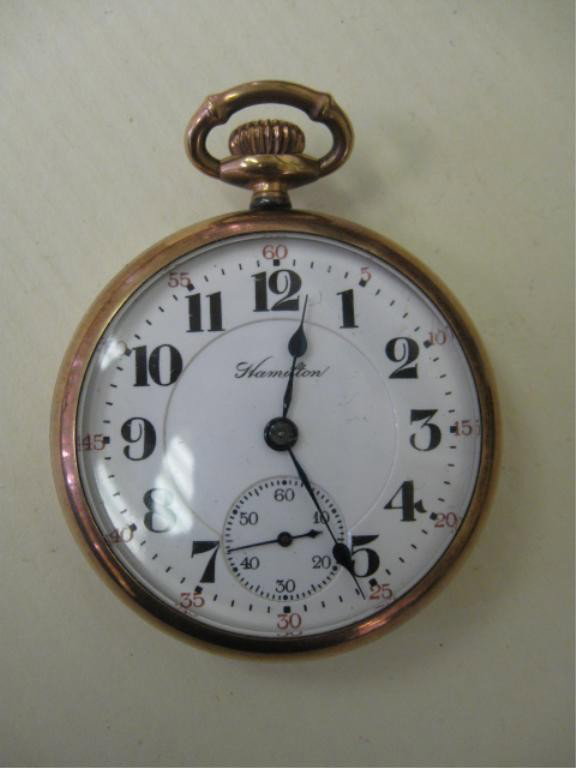 Hamilton 974 Special GF Pocketwatch: Hamilton 974 Special gf pocketwatch, "double roller", 15 jewels, adjusted 5 positions, #1587392, Damascene striped movement. Not working. Case B & B Royal 20 years, screw back case, size 12s.