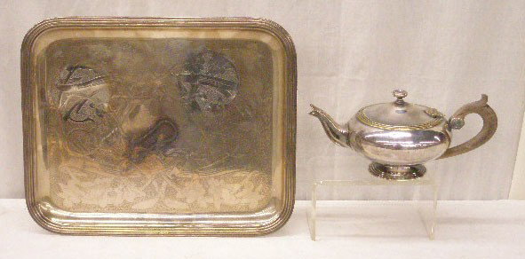 Christofle Silverplate Teapot & Serving Tray: 1930's Christofle French silverplate 4 1/4" x 10" teapot w/wood handle & 12" x 14 3/4" serving tray w/etched floral design.