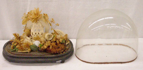 Victorian Wedding Display Under Dome: Victorian "Good Luck" floral wedding display under glass dome, 10" x 12"