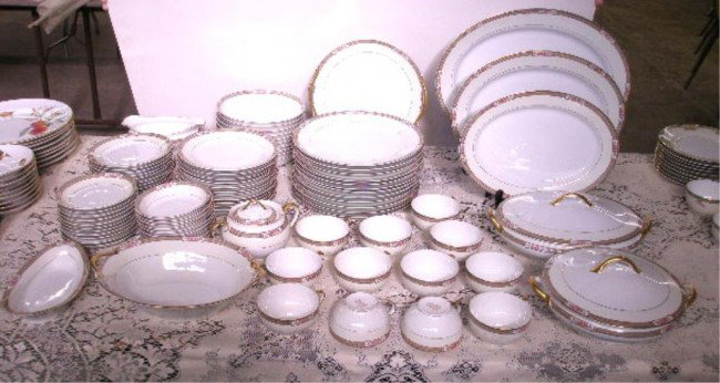 Noritake Haverford Pattern China Set: Noritake China Haverford pattern eighty seven piece china set, service for nine w/serving & extra pieces, twelve 10" dinner plates, twelve 7 1/2" luncheon plates, twelve 6 1/2" bread & butter plates, 