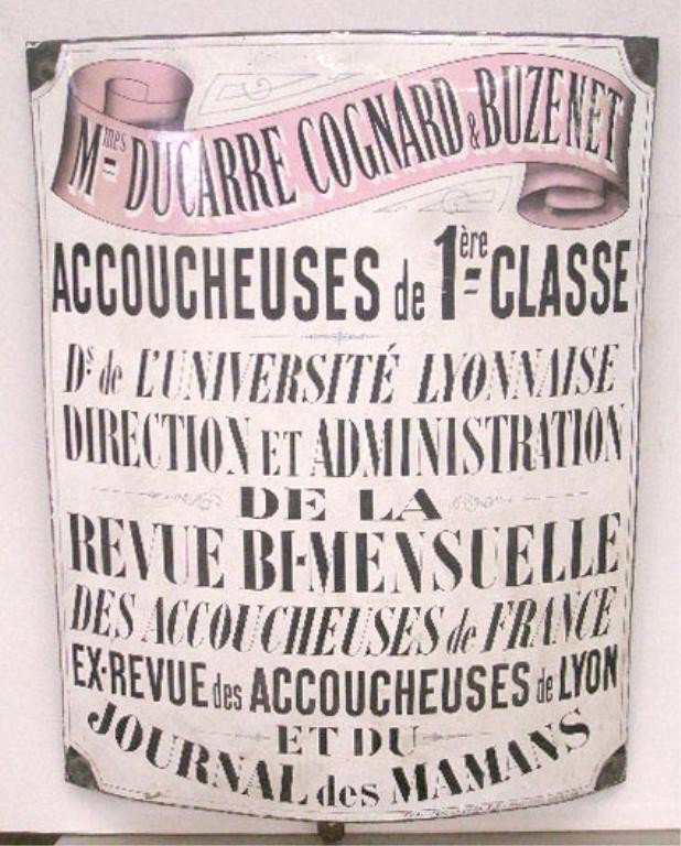 19th c. French Midwives Trade Sign: Rare 19th c. French enameled porcelain 24" x 20" trade sign for Midwives (front side is very good w/minor wear & loss, back side has areas of wear, loss & rust)