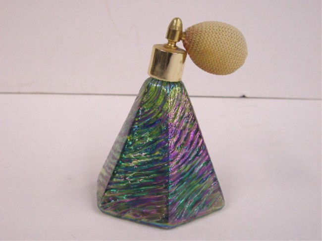 Loetz Art Glass Atomizer: Loetz art glass iridescent purple & green 4 1/2" atomizer (detached atomizer top)