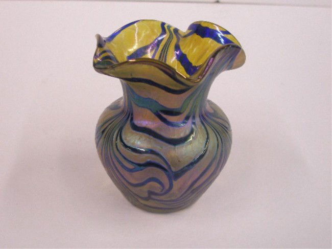 Loetz Art Glass Cabinet Vase: Loetz art glass iridescent gold 3 1/2" cabinet vase w/blue threaded design.