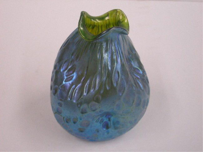 Loetz Art Glass Vase: Loetz art glass iridescent green, pinch form & dimpled body, 5" vase.