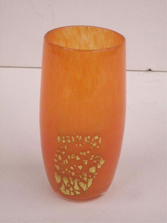 Daum Nancy Art Glass Vase: Daum Nancy signed art glass orange & opalescent mottled cased 5" vase w/mica gold flakes.