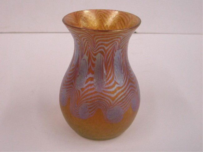 Loetz Art Glass Vase: Loetz art glass iridescent gold 4 1/2" vase w/pulled feather design (2 small imperfection marks)