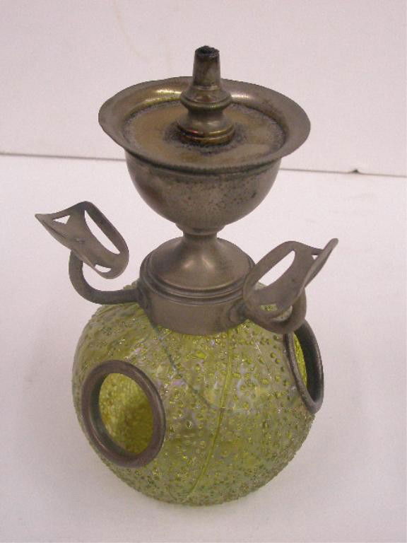 Loetz Art Glass Cigar Lighter/Ashtray: Loetz art glass iridescent green 5 1/2" cigar lighter/ ashtray (cracked)