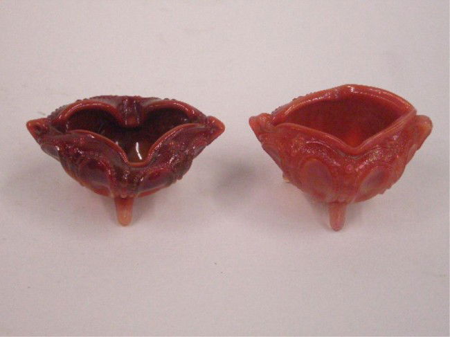 Slag Glass Salt Cellars: Pair of vintage slag glass 2" x 3" footed salt cellars