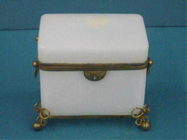 French Opalescent Glass Jewel Casket: Early 20th c. French opalescent glass 5" x 5 1/2" x 4" jewel casket w/brass mounts.