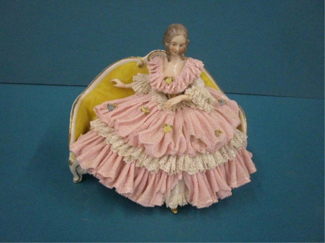 German Porcelain & Lace Dress Figure: Franz Witler Bruhl German porcelain pink & white lace dress seated female 6 1/4" x 7" x 4 1/2" figure (sections of lace loss)