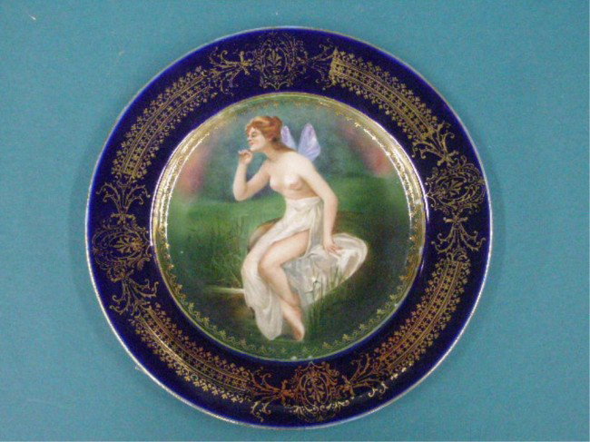 Bloch & Co. Austrian Porcelain Portrait Plate: Bloch & Co. Austrian porcelain 7 1/2" portrait plate, transfer semi-nude fairy nymph portrait in center, gilt design on cobalt border.