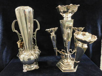 19th C. Epergne and vase: 19th C. Epergne and vase includes: English silver plate over brass, trumpet form Epergne with three hex shaped inset trumpets, stepped base, no maker's markings, 12 1/2"h and an Art Nouveau Meriden qu