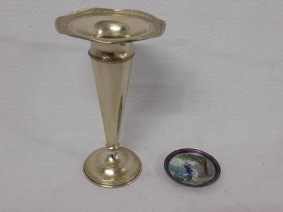 Sterling Vase & Plate: Sterling Vase and Plate, sterling silver weighted scroll bordered scalloped top9 1/2" trumpet vase, and a touch marked (tested 800+) silver, 3 1/2"d plate with hand painted enameled courting scene of