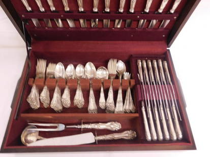 Sterling Silver Flatware Set: Sterling Silver Flatware Set, Amston Silver Co., Champlain pattern 1915, monogramed "R", for twelve includes: twelve hollow handle dinner knives, twelve hh luncheon knives, twelve dinner forks,