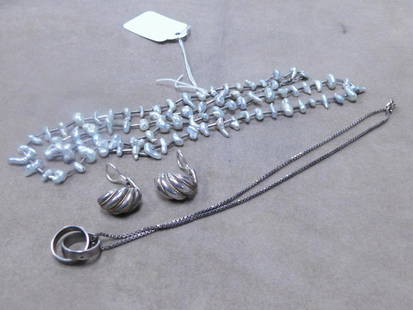 Silver & Pearl Necklace, etc.: Silver and Pearl Necklace, etc., sterling, tested chair covered by cylindrical silver tubes, alternating with pierced gray fresh water pearls, 29"l, plus a sterling 15" box chain with two entwined