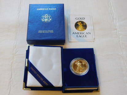 American Eagle 1 Ounce Gold Coin: American Eagle one Ounce Gold Coin 1986 proof $50 coin with box and certificate. [2] CONDITION: Proof. NOTE:Payment certified check or wire transfer only