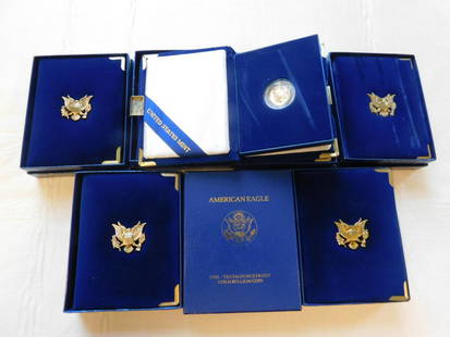 7 Gold American Eagle Coins: Seven Gold American Eagle Coins, one-tenth ounce proof, includes: 1991, 92, 93, 94, 95, 96 and 98, original boxes and certificates. [1] CONDITION: Proof. NOTE: Payment certified check or wire transfer