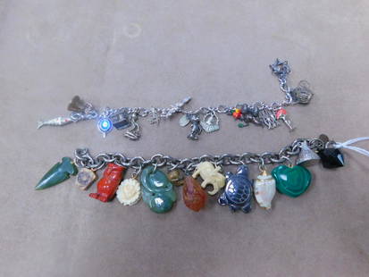 2 Sterling Charm Bracelets: Two Sterling Charm Bracelets, includes: 7" with fifteen sterling travel and other charms, some enameled, and a 6 3/4" sterling chain with thirteen vintage and contemporary jade, malachite, cornelian,