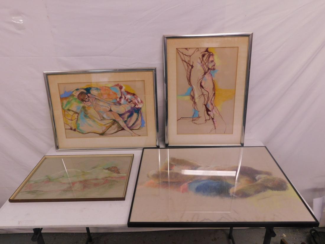 4 Pastel Nude Paintings: Four Pastel Nude Paintings, unsigned, two depicts nude males the other reclining female nudes, 20th C., matted in metal frames, from 18 1/2" x 12 1/2" to 25 3/4" x 20". CONDITION: Very good.