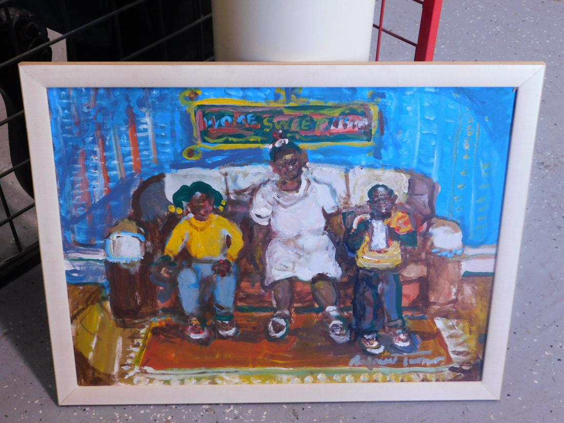 Andrew Turner Figures on Sofa Painting: Andrew Turner Figures on Sofa Painting, Black Pa. Artist 1944-2001, o/c, titled "Home Sweet Home", signed lower right, sight 24" x 18", verso with The Sande Webster Gallery Phila label and Widener Uni