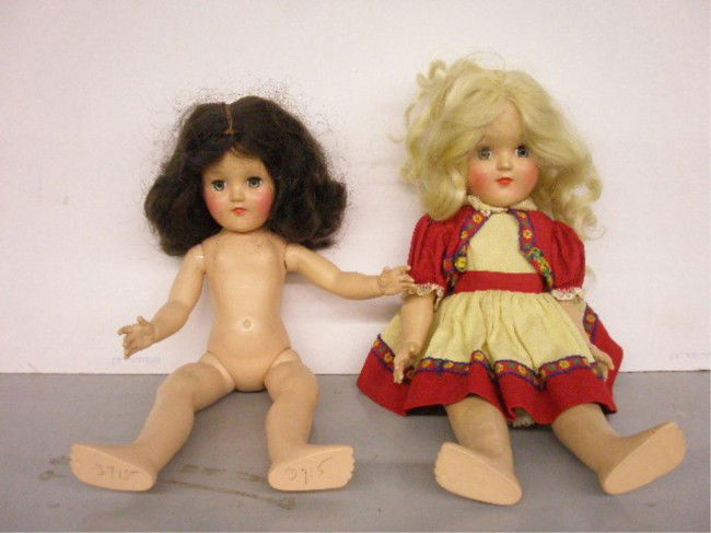 1950's Ideal Toni Dolls: 1950's Ideal Toy Corp. hard plastic 14" P-90 & 15" P-91 Toni dolls. Condition: Both are very good with minor wear & staining.
