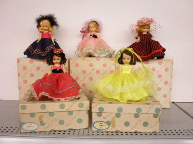 1950's Nancy Ann Storybook Dolls: 1950's Nancy Ann 5" hard plastic storybook dolls with original boxes, #121 See Saw Marjorie Daw, #125 Alice Sweet Alice, #126 Over The Hills, #162 January Girl & #169 August. Condition: All are very g