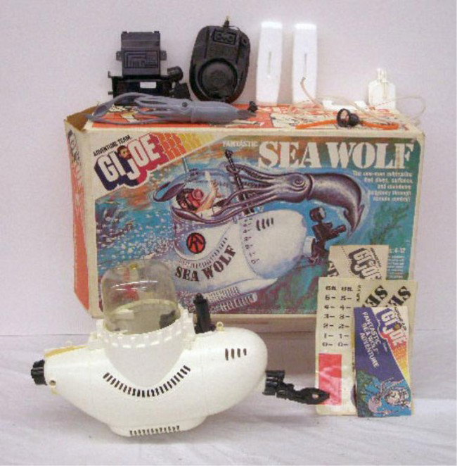 1975 G.I. Joe Fantastic Sea Wolf: 1975 Hasbro Industries Inc., Adventure Team G.I. Joe Fantastic Sea Wolf, The One-Man Submarine w/original box. Condition: Appears to be complete, very good with minor wear, box has wear.