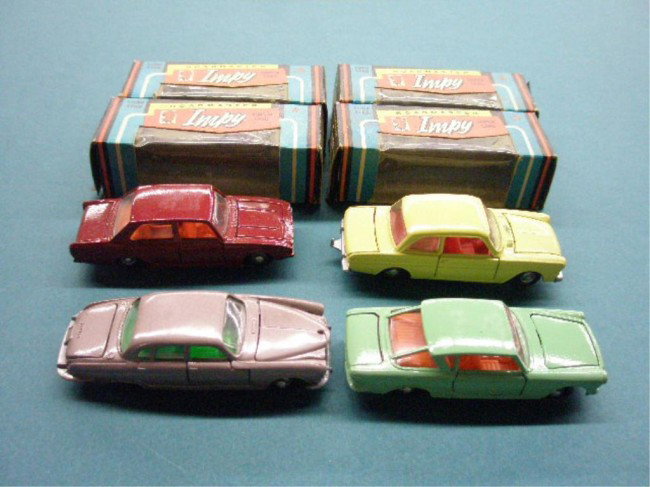 1960's Impy Super Diecast Cars: 1960's Lone Star Roadmaster Impy Super diecast cars w/original boxes, #10 Jaguar MKX, #18 Ford Corsair, #21 Fiat 2300 S Coups & #27 Taurus 12M. Condition: Cars are very good, boxes have wear & tearing