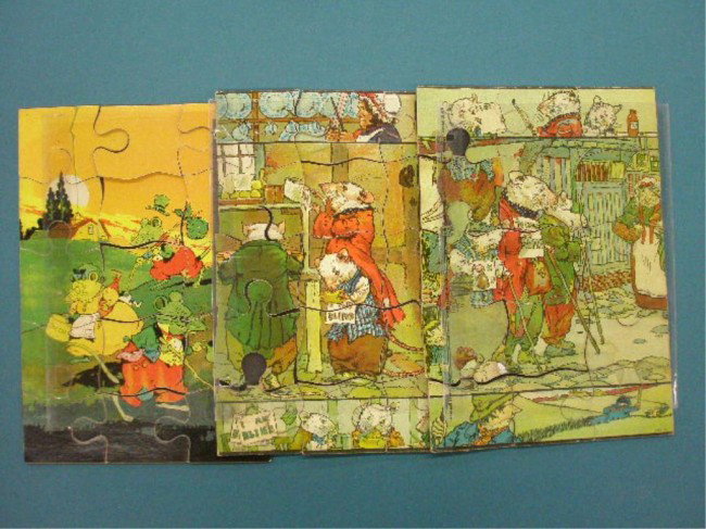 Early 20th c. Lithographed Puzzles: Three early 20th c. lithographed paper over cardboard, Three Blind Mice puzzles. Condition: Piece missing from 1, 3 pieces have detached portions that are there, wear from usage. 30