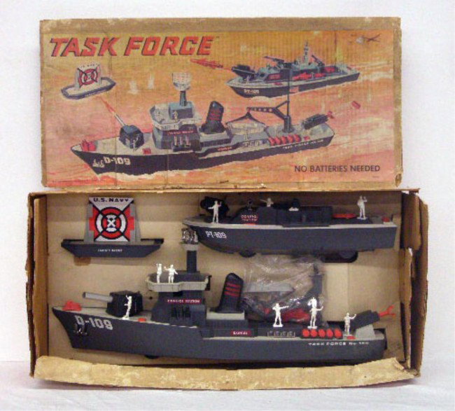 1960's Johnny Seven Task Force Playset: 1960's Deluxe Reading Corp./Topper Toys Johnny Seven Task Force playset w/original box. Condition: Appears to be complete, broken figure on small boat, box has wear & tearing.