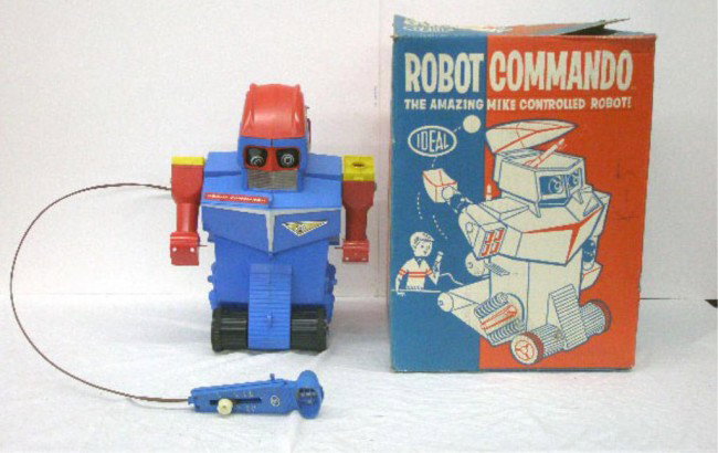1961 Ideal Robot Commando: 1961 Ideal Toy Corp. plastic battery operated Robot Commando w/original box. Condition: Works sporadically, missing 2 missile balls, minor wear, box has wear & tearing, voice command not working.