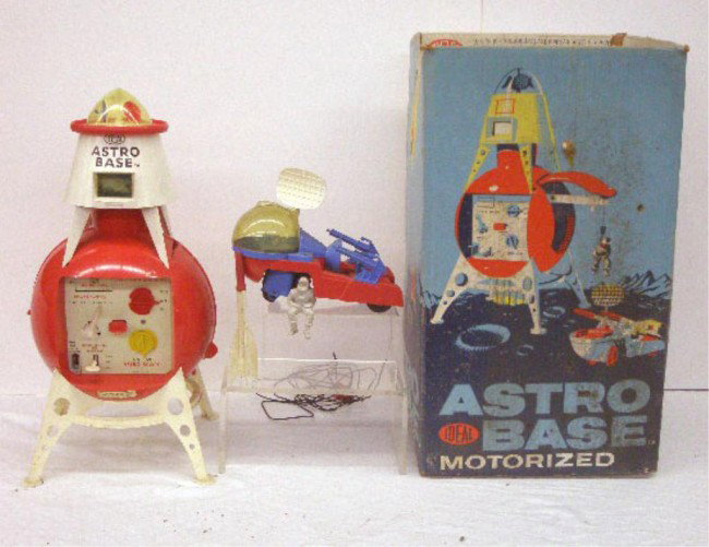 1961 Ideal Astro Base: 1961 Ideal Toy Corp. plastic battery operated Astro Base w/original box. Condition: Not working, complete, wear from usage, box has wear.