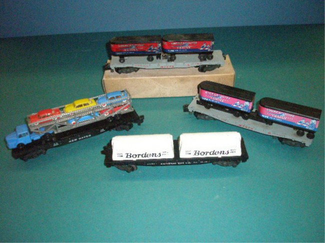 1950's & 1960's American Flyer Flatcars: 1950's & 1960's American Flyer "S" gauge Flatcars, #956 Monon Piggy Back w/Vans, #24550 Monon Piggy Back w/Vans, #24566 type 2 New Haven Auto Transport & Trailer & #24575 type 2 National Car Co. w/Mil