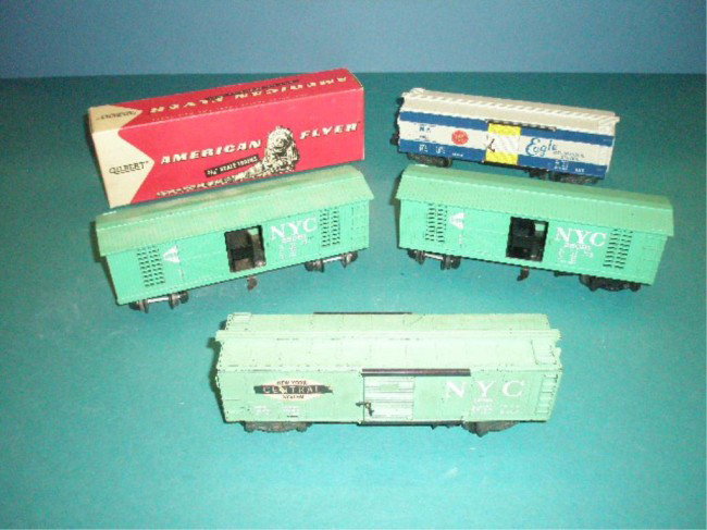 1950's & 1960's American Flyer Boxcars: 1950's & 1960's American Flyer "S" gauge Boxcars, #24033 Missouri Pacific w/original box, #24665 type 2 New York Central & (2) #25081 New York Central. Condition: All have some form of wear & or loss.