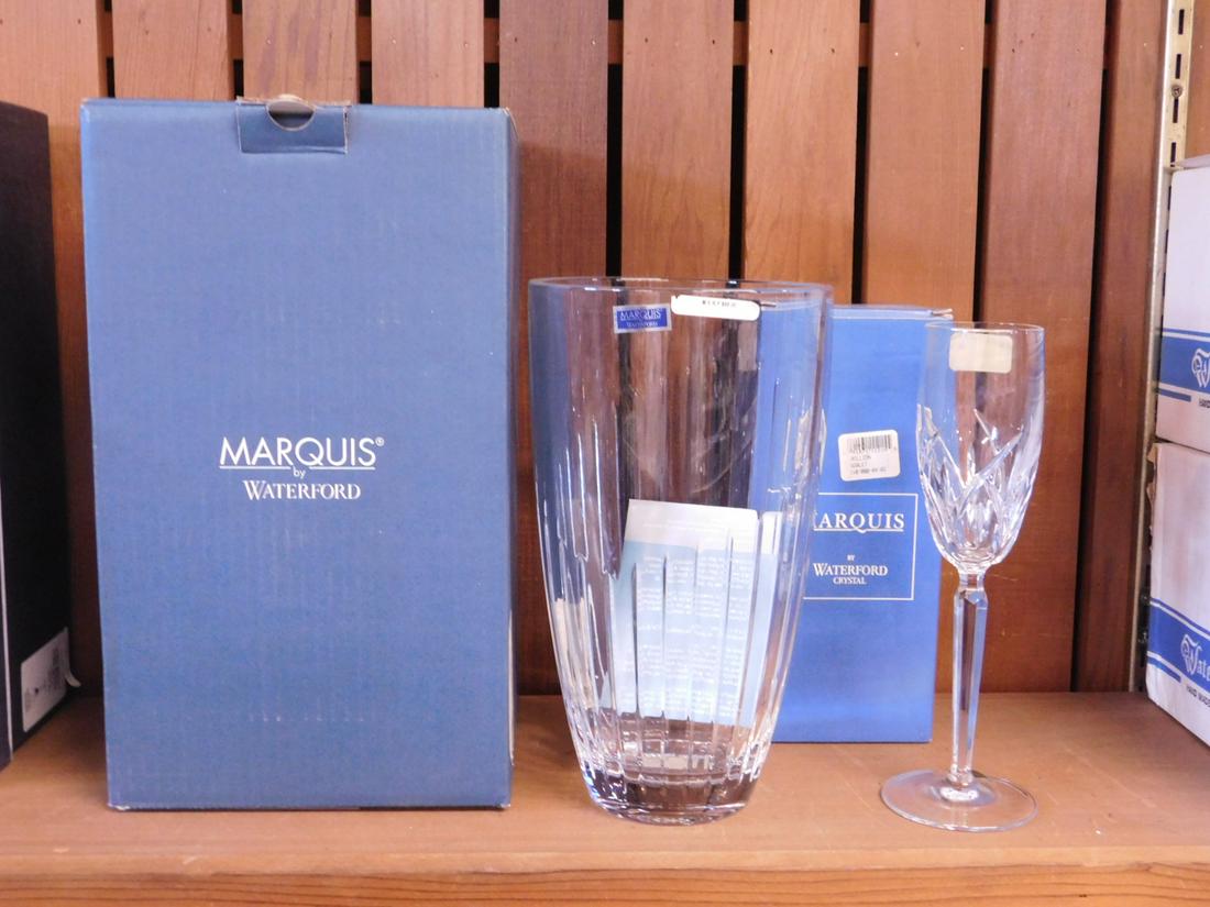 Waterford Marquis Crystal: Waterford Marquis Crystal, includes: "Studio", 10" vase, No. 146151, plus one each Saxony and Aillion goblets. CONDITION: All new in boxes.