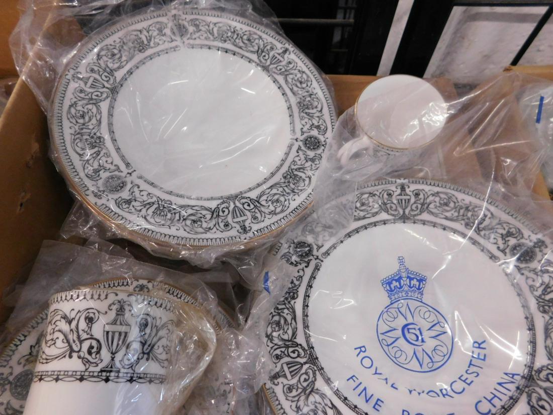 Royal Worcester China: Royal Worcester China, "Padua" pattern bone china, includes: four wide rim soups; six 8" plates; four saucers, two cups. CONDITION: Vintage, new.