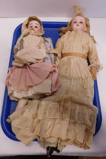 Two Antique Bisque Head & Shoulder Dolls: Two Antique Bisque Head & Shoulder Dolls, includes: Heubach Horseshoe mark 4/0, blue paperweight eyes, open mouth, cloth body and limbs, white dress and lace trim, under garments, 15"h; "Special"; bro