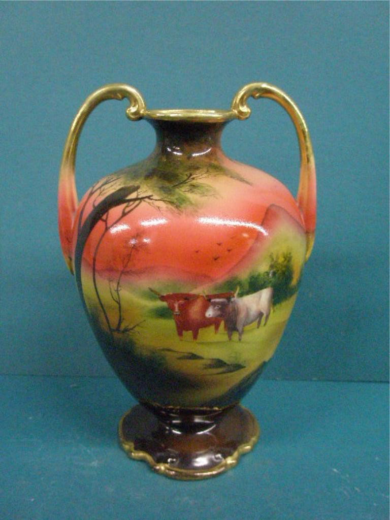 Hand Painted Nippon Porcelain Vase: Hand painted Nippon porcelain vase, pastoral landscape with bulls, 19th/20th c., hgt 10 1/4". Condition: No issues Identified.