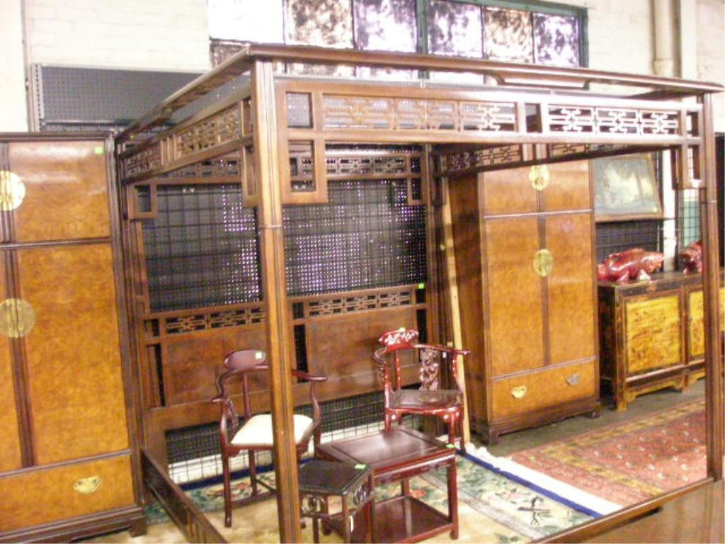 Drexel Oriental Style 5pc Bedroom Set: Drexel Oriental style 5pc bedroom set, teak & burl woods, mid 20th c. Includes: (2) armoires, (2) night stands, (1) King size canopy bed. Condition: Varnish & finish losses to both night stands.