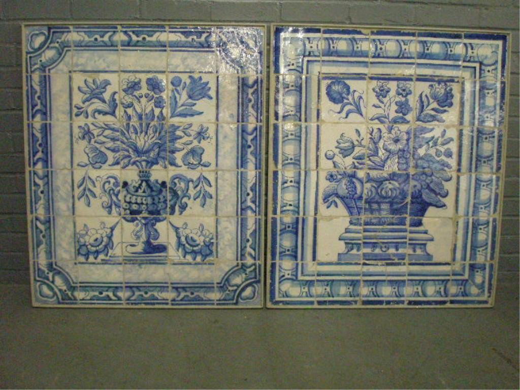 18th Portuguese Blue & White Tile Panels: [4] Portuguese blue and white floral and fruit motif tile panels, early 18th c., of the type installed in monasteries and churches. 34 1/2"=h (panel); 28 3/4=w (panel). Condition: Several tiles with l