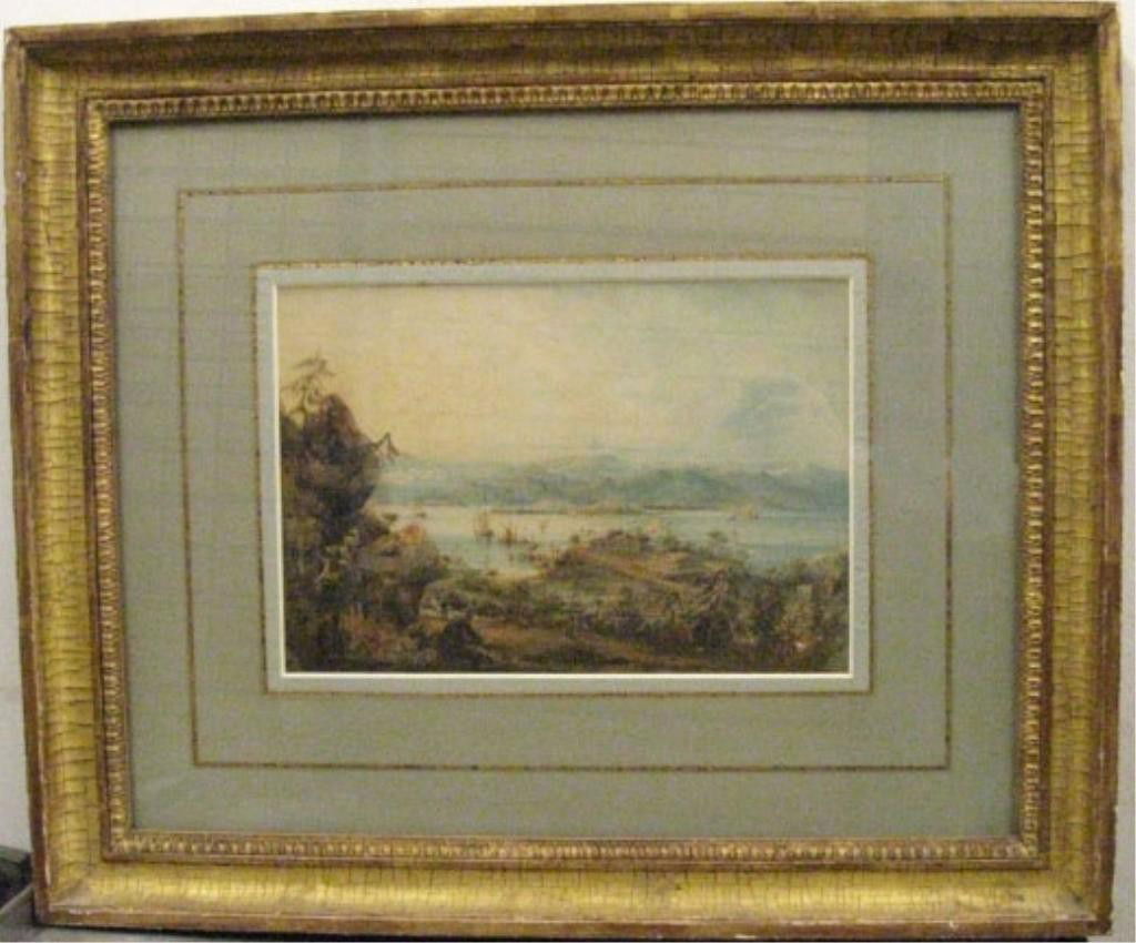George Chinnery, watercolor, Hong Kong Island: Apparently [Unsigned] George Chinnery, watercolor, "Vision of Cathay"[British Installation on Hong Kong Island, c. 1841]. [Davis Galleries, New York label on backing.] [Provenance: The estate of a pro