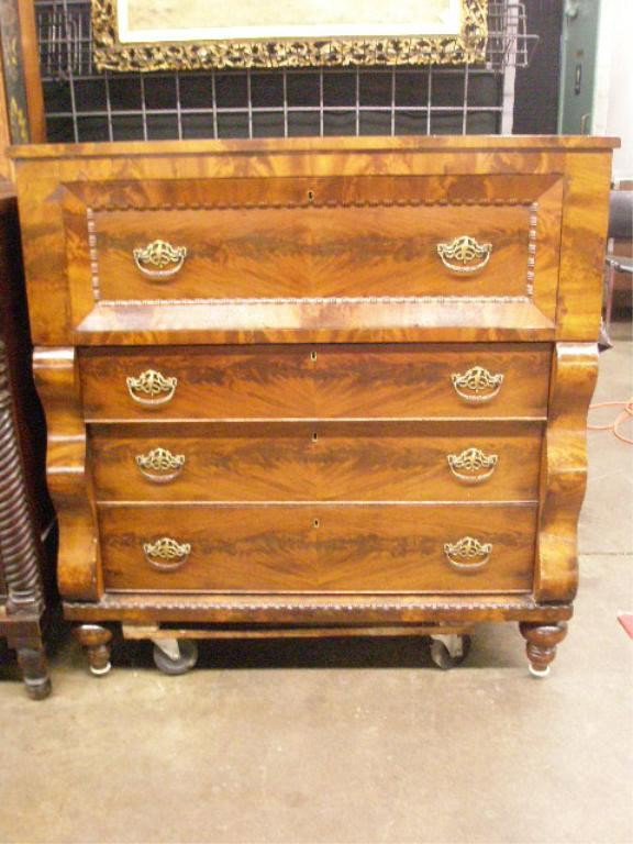 Empire Butler's Desk: Empire Butler's desk, burl mahogany veneers, fitted interior, early 19th c. 44" x 21" x 45 1/2". Condition: Refinished condition, back leg repaired.