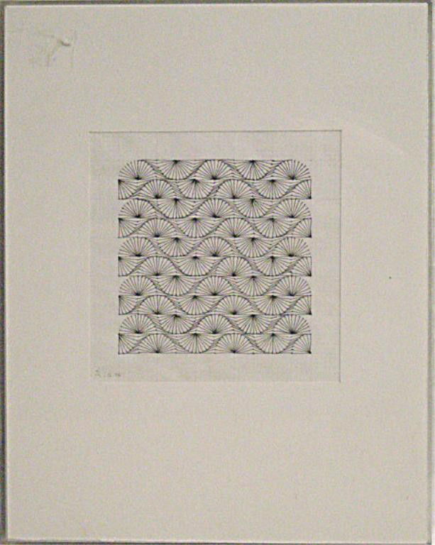 Edna Andrade, drawing, "Sketch B-Cloud II": EA [Edna Andrade] 12. 76, signed with monogram and dated, ink and graphite on paper, "Sketch B-Cloud II" [Marian Locks Gallery label verso]. 14"h x 11"w=image (sight); 6 1/2"h x 6 1/2"w=frame. Conditi