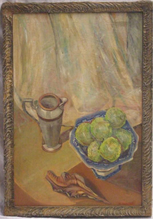 Jane C. Fischer, o/c, Still Life: Jane, Cogshall Fischer, signed, acrylic on canvas, Still Life with Creamer, Sea Shell, and Pears. 30"h x 20"w=image; 33 1/2"h x 23"w=frame. Condition: No issues identified.