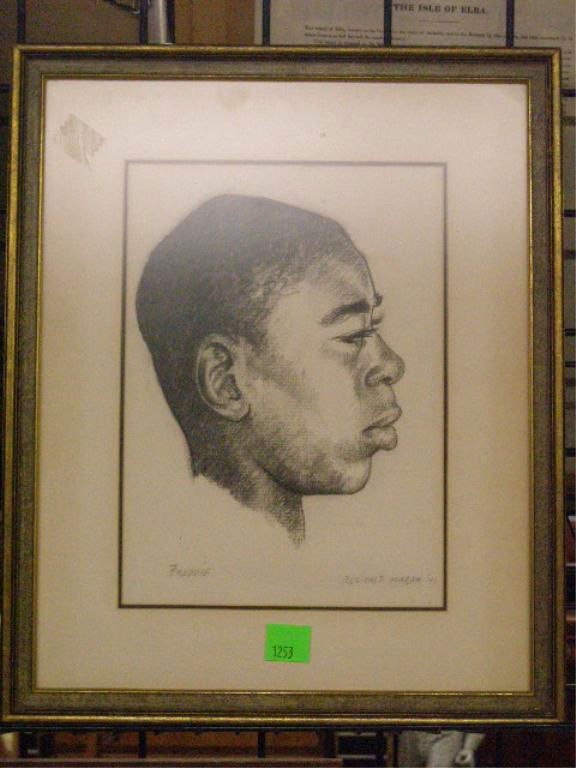 Reginald Marsh, crayon, African American Man: [Circle of] Reginald Marsh, signed, crayon, "Freddie". 12 1/2"h x 9"w=image; 19"h x 15 1/2"w=frame. Condition: Not examined out of frame; no evident issues.