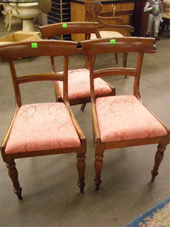 Set of 6 Regency Dining Room Chairs: Set of Regency dining room chairs, mahogany, turned front legs, slip seats, 19th c., hgt 33". Condition: No issues identified.