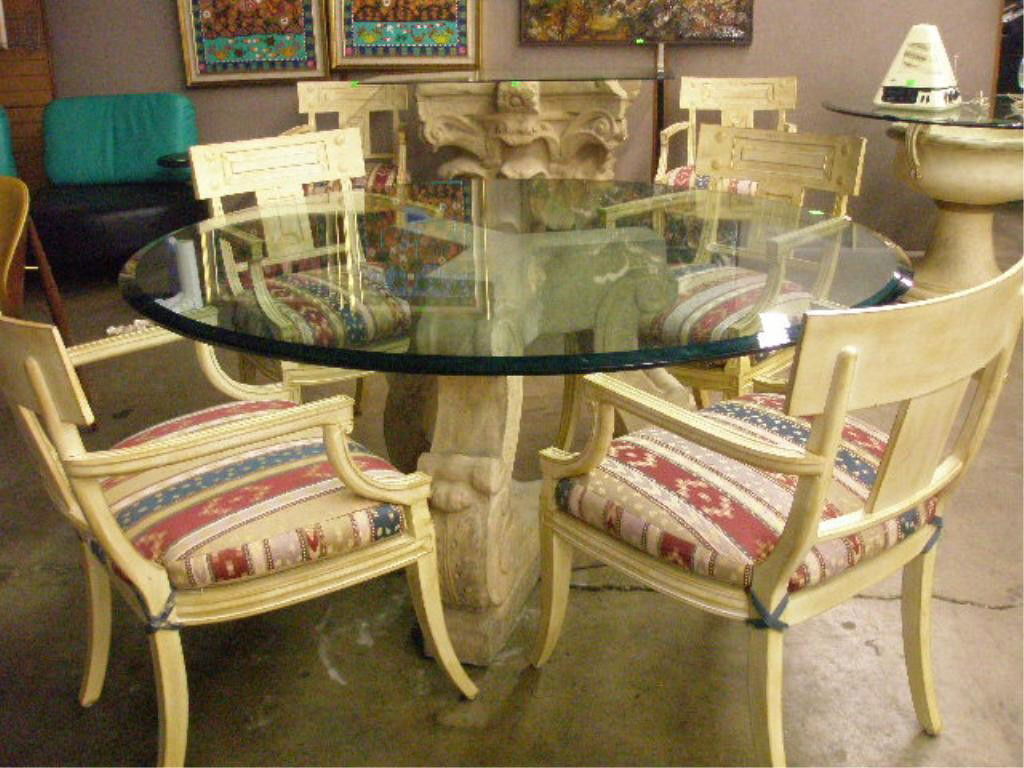 Contemporary 8Pc Dining Room Set: Contemporary 8pc dining room set, includes: antiqued white regency style arm chairs ancient Roman style stone base & top console & dining room table., late 20th c. Condition: No issues identified.